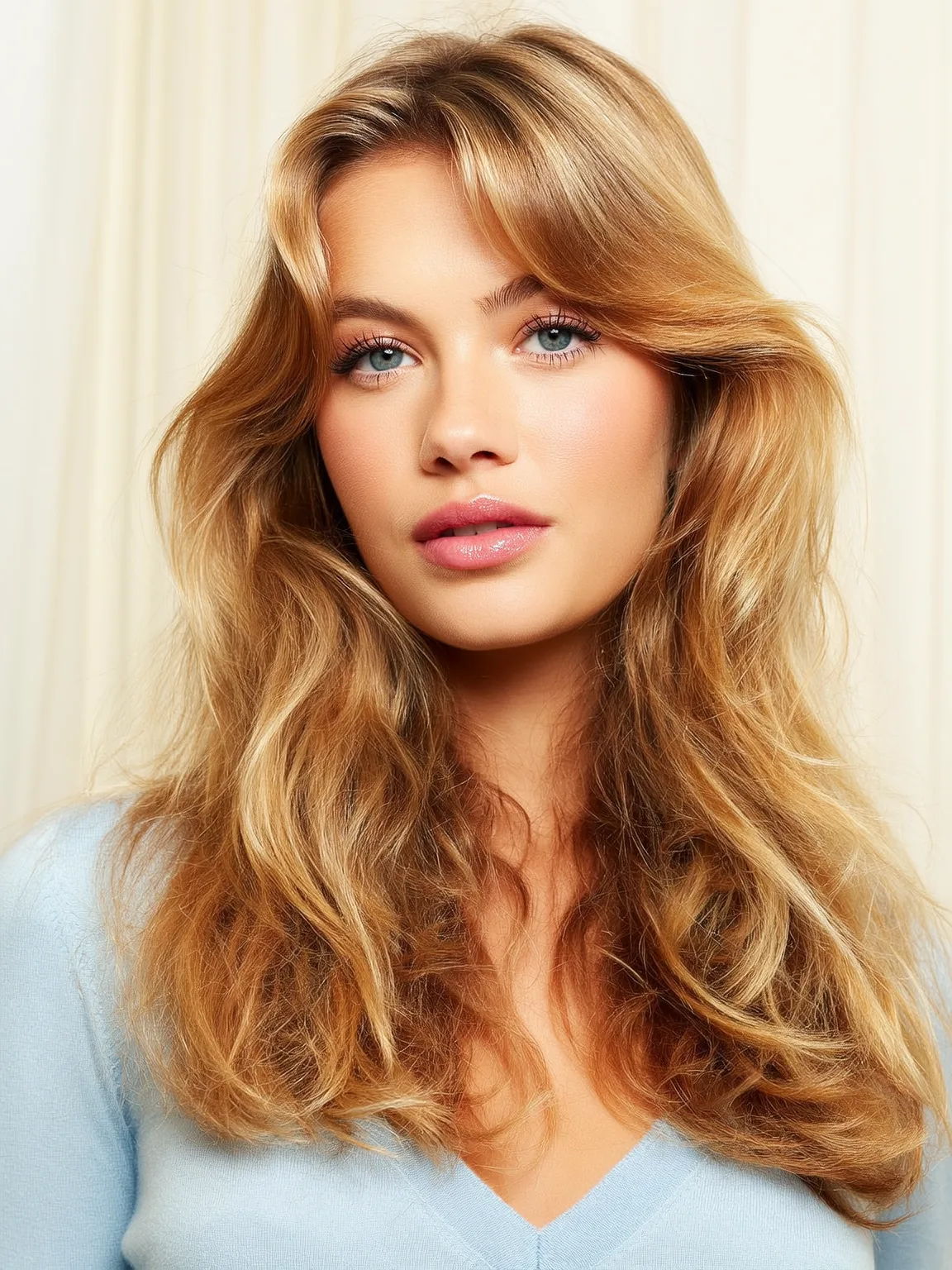 Golden Honey Blonde Long Layers with Curtain Bangs